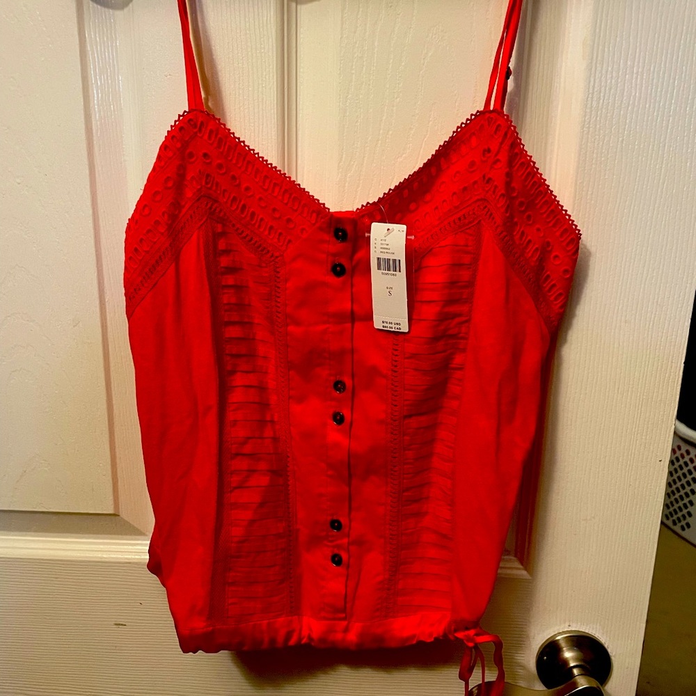 Red, Breezy V neck blouse, adjustable straps, drawstring hem, and button front
